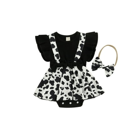 

Calsunbaby Infant Baby Girls Summer Romper Ruffled Fly Sleeve Floral Printed Dress-Like Patchwork Bodysuit+Bow Headband 9-12 Months