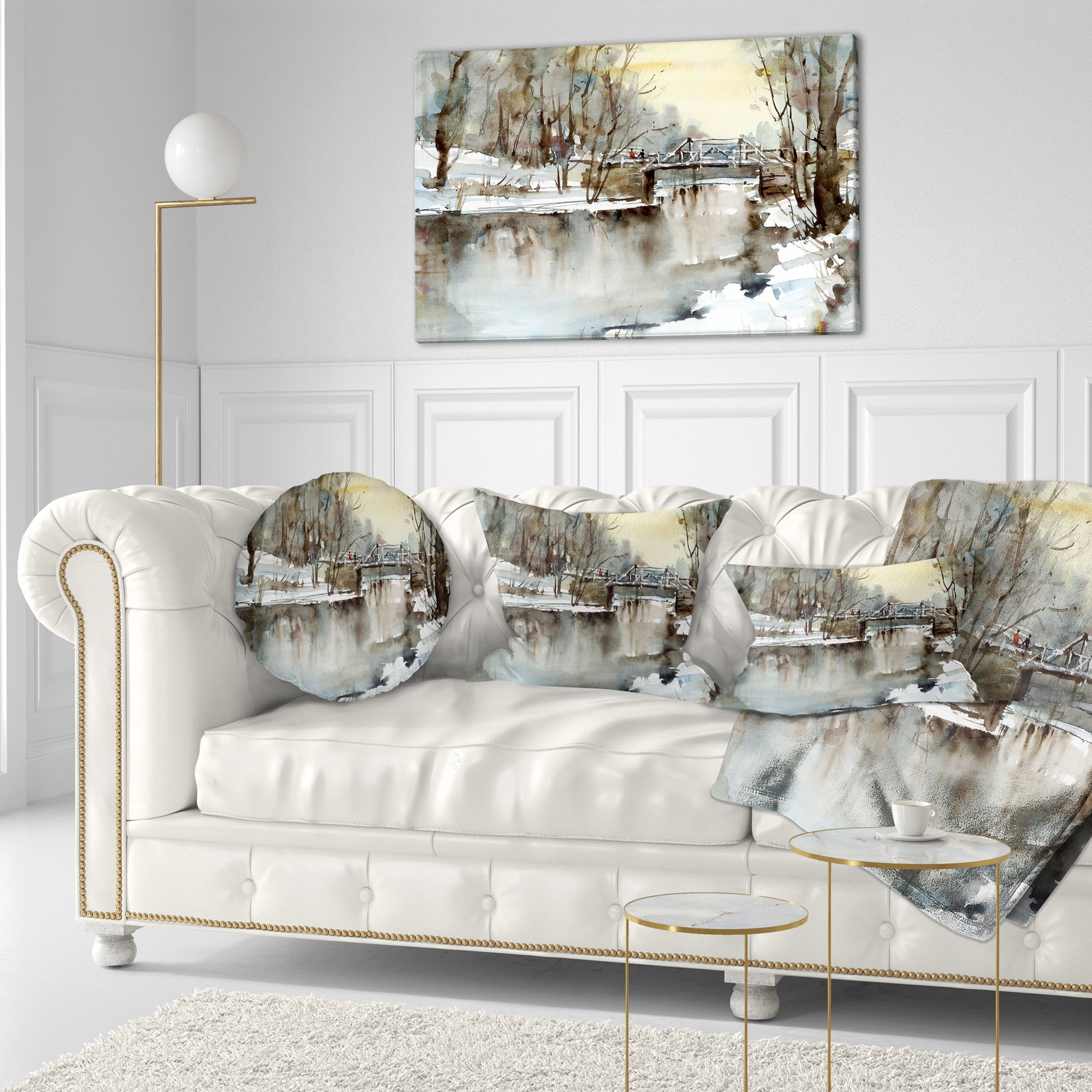 Designart White Bridge Over River - Landscape Printed Throw Pillow - 12x20