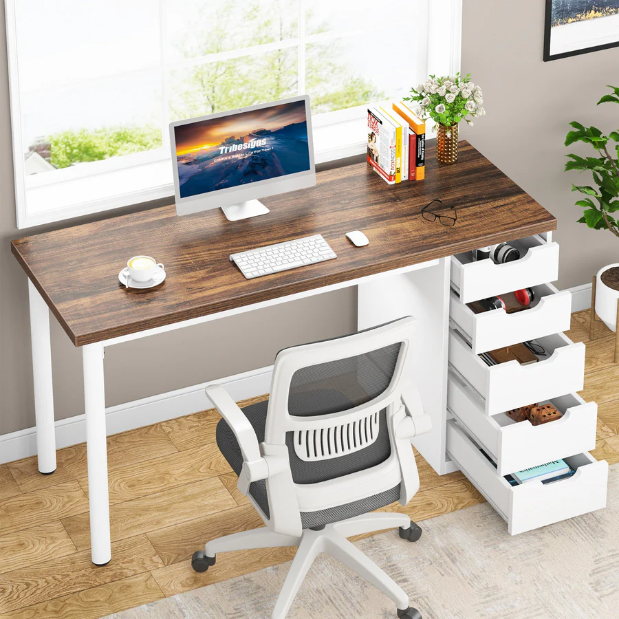 MAYEERTY 47 Inch Computer Desk with 5 White Drawers, 1.18" Thick Engineered Wood Home Office Desk with White Metal Legs