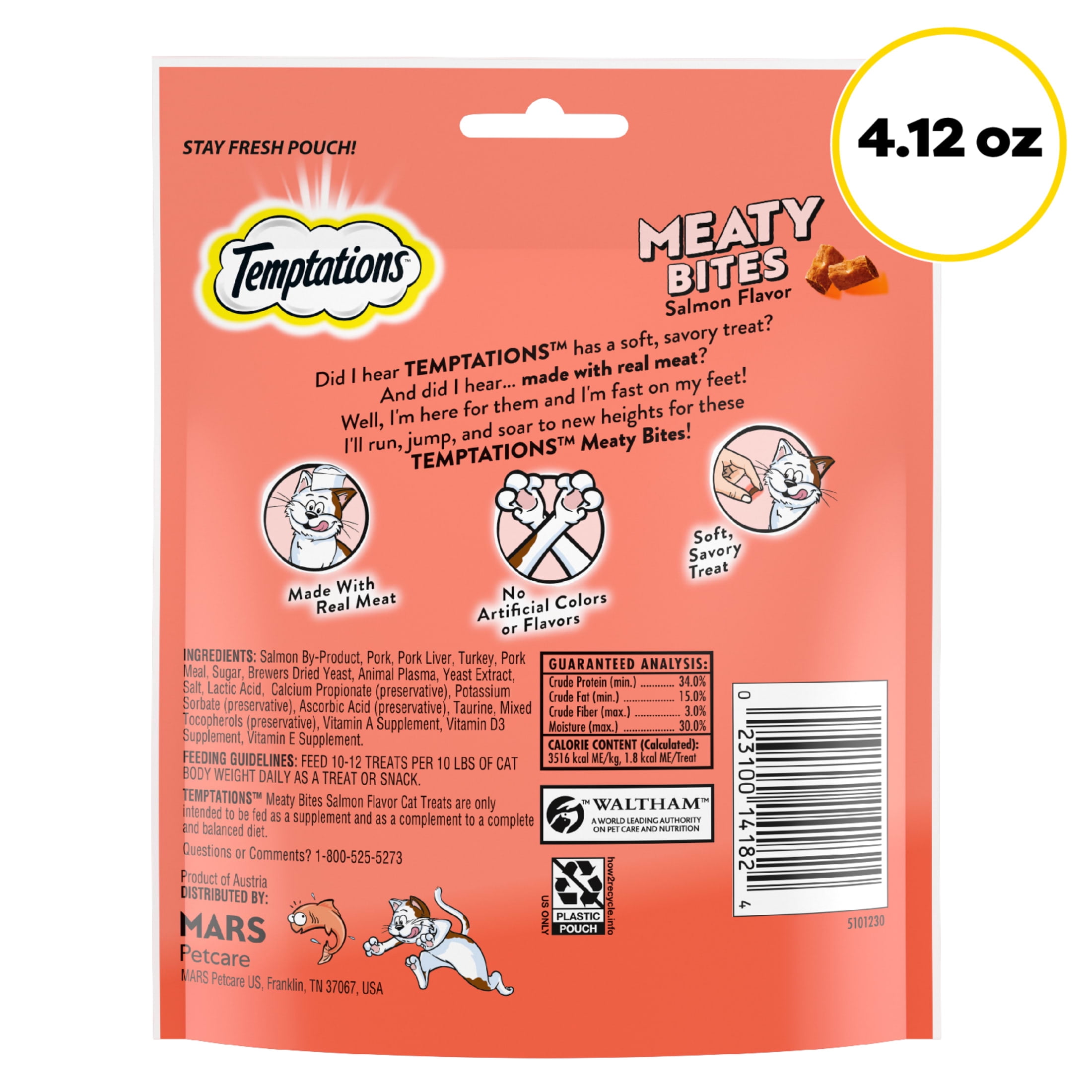Temptations Meaty Bites, Soft and Savory Cat Treats, Salmon Flavor, 4.12 oz Pouch