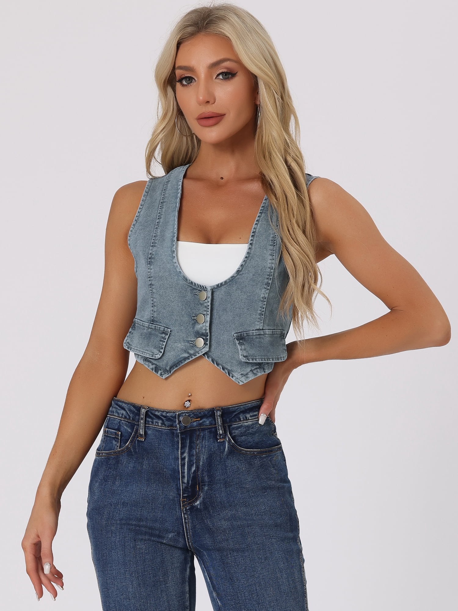 DARING DIVA Women's Denim Button Up Jean Crop Racerback Vest Jacket XS Gray Blue