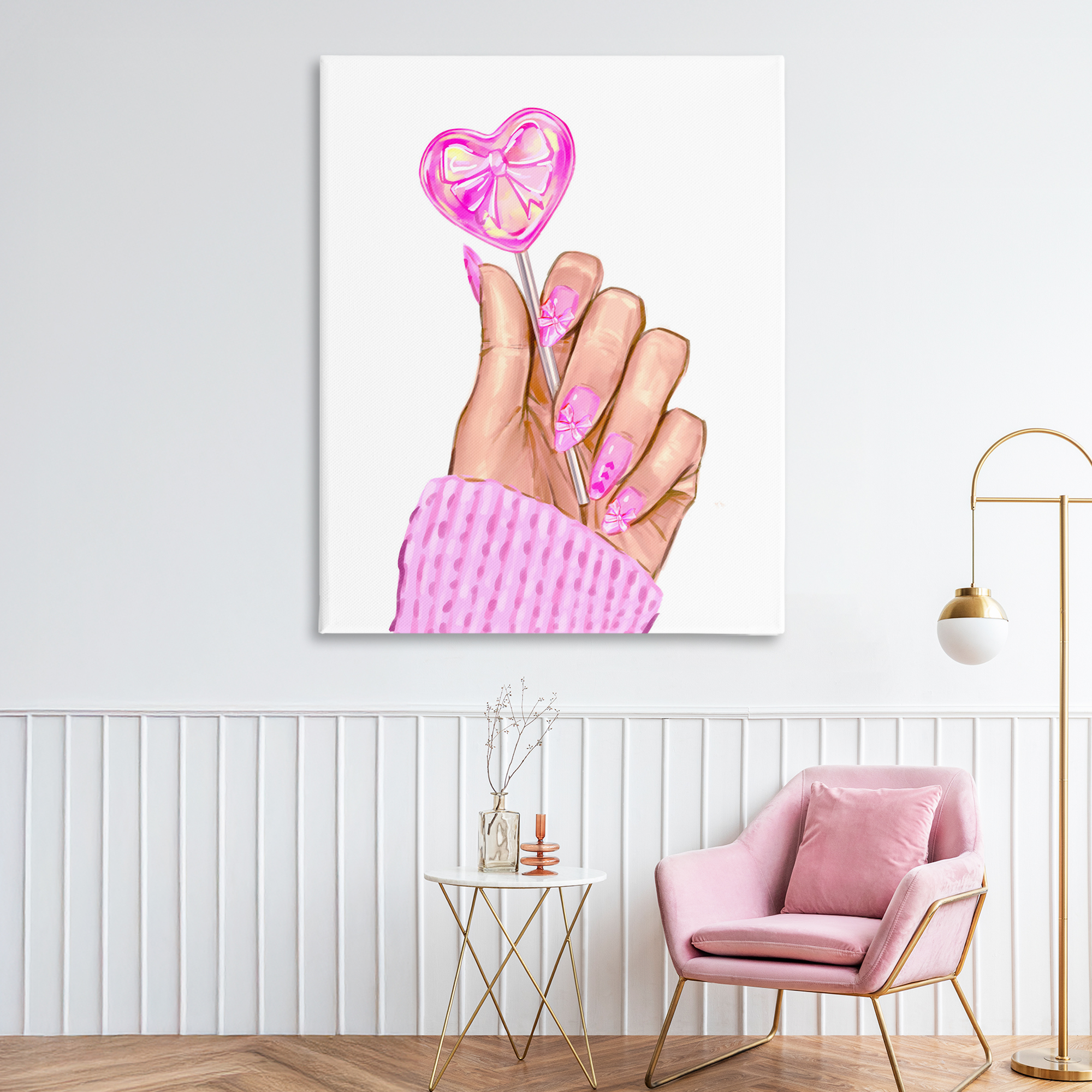 Pink Fashion Bow Lollipop Canvas Wall Art, design by Ziwei Li