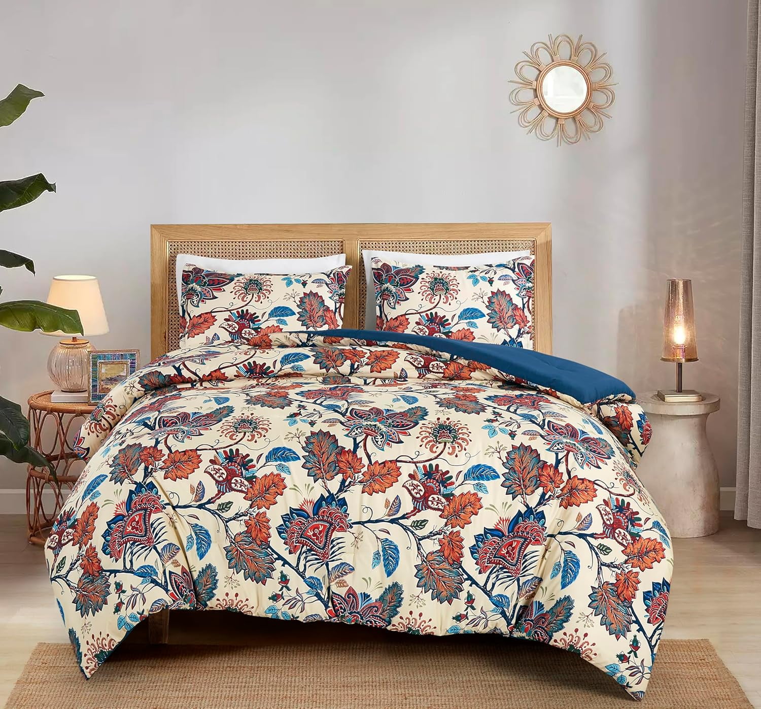 Chezmoi Collection Azura 3-Piece Floral Comforter Set Full, Multicolor Blue Red Orange Cream Printed Microfiber Lightweight Bedding Set for All season
