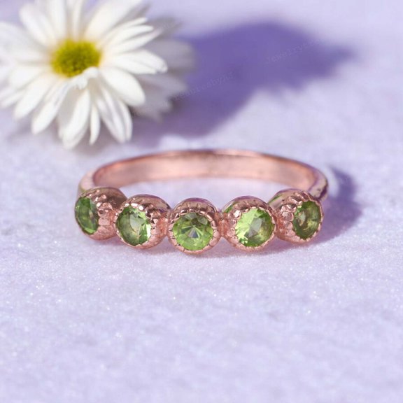 Peridot Wedding Band Half Eternity Band Rose Gold Plated Jewelry Five Stone Promise Ring Gift for Mom Round Cut Gemstone Bands