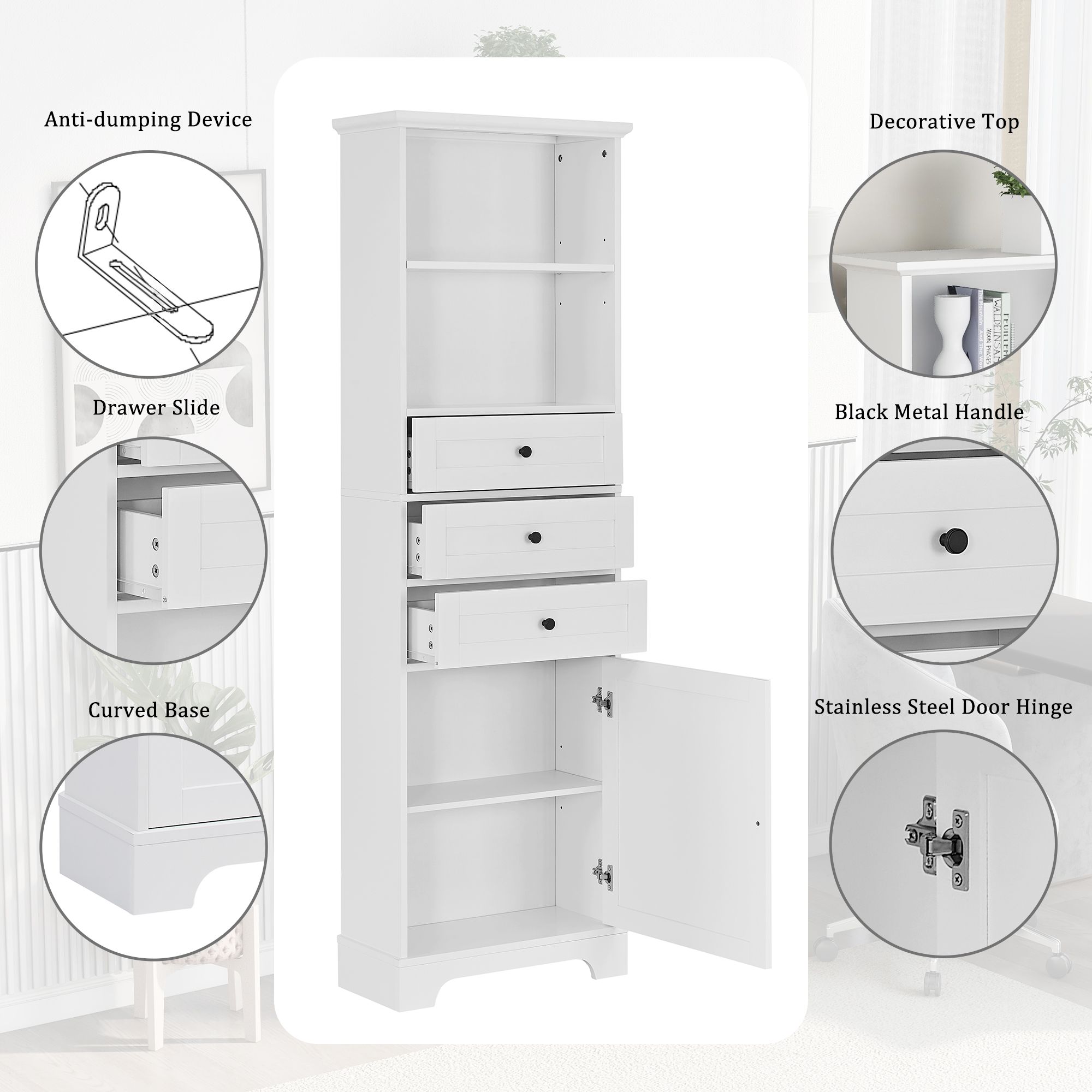 DEALTOPS Tall Storage Cabinet with 3 Drawers and Open Storage for Living Room, Bathroom, White