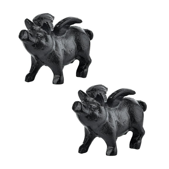 Sungmor Whimsical Cast Iron Flying Pig Statue, 2pcs Rustic Black Cute Little Piggy Paperweight, Garden Collection Figurine Home Office Desk Ornament, Indoor Outdoor Animal Statues