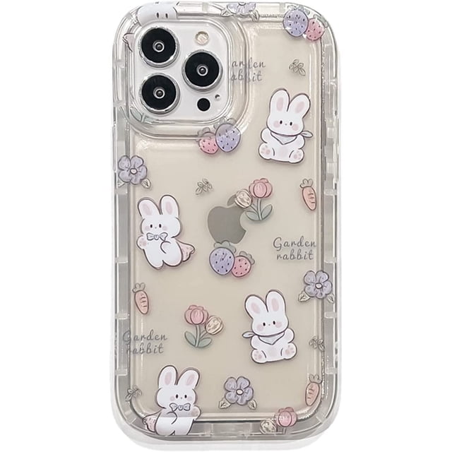 Funda de conejito compatible con iPhone 13 Pro Max, bonita funda protectora a prueba de golpes con diseño de conejo amarillo transparente y flores para mujeres y niñas.