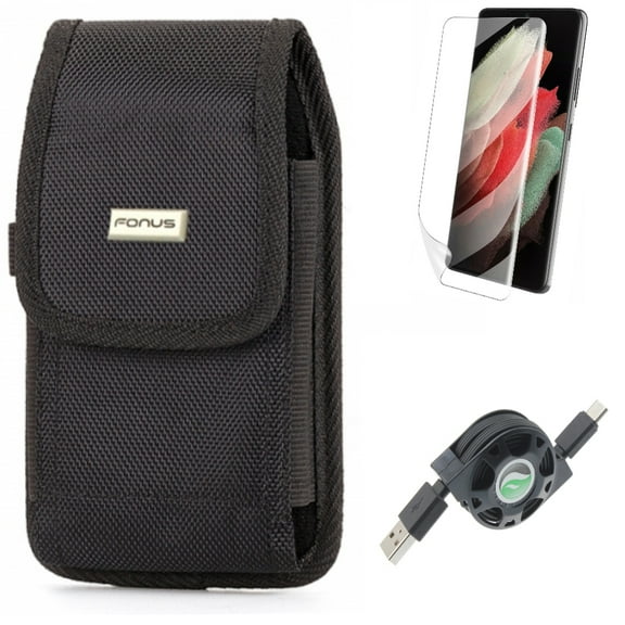 Matte Screen Protector w Case Belt Clip w USB Cable for Samsung Galaxy S21 Plus - TPU Film Anti-Glare, Swivel Holster, Retractable Type-C Accessory Bundle