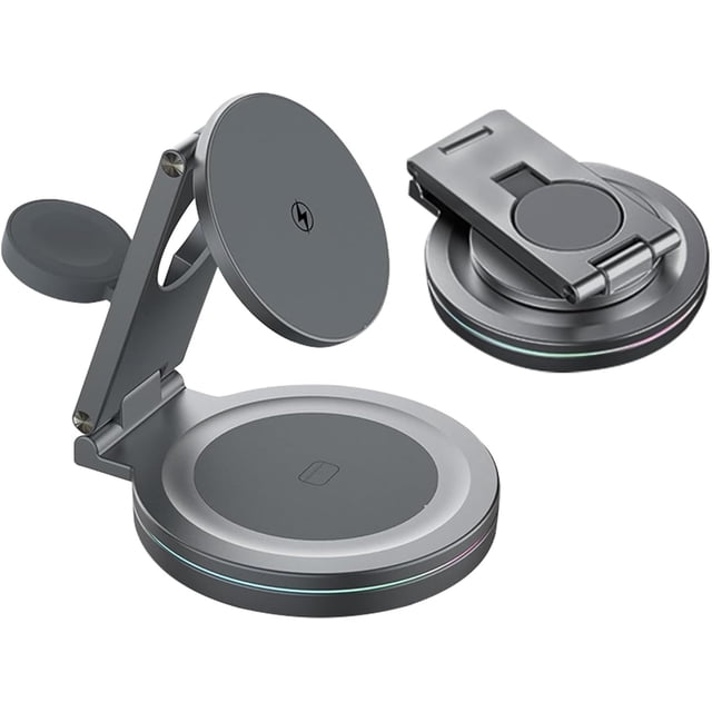 Cargador Magnético MagSpin 3 en 1 para iPhone, Base de Carga Rápida Inalámbrica USB-C con Tecnología Qi2 360°, Fácil Conexión, Energía Estable 15W para iPhone/AirPods/Watch (Gris,Gris Espacial