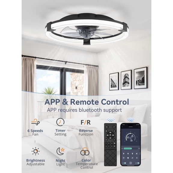 Lokivas 20in Ceiling Fan with Lights and Remote Control, Low Profile Ceiling Fan with 6 Speeds, Reversible DC Motor, for Bedroom, Living Room, Black