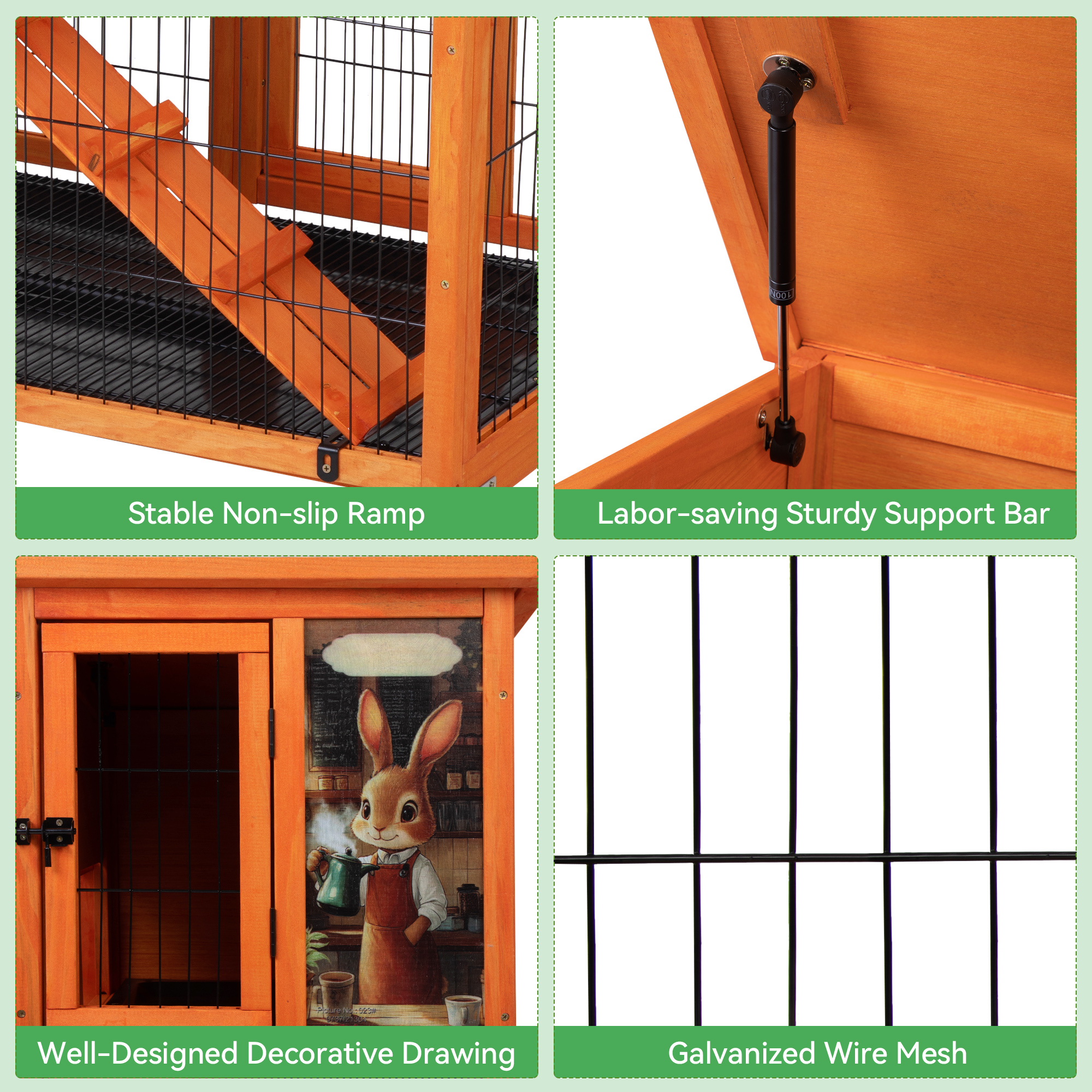 COZIWOW Rabbit Cage Indoor with Wire Bottom, 2-Level Large Wooden Bunny Hutch on Wheels Outdoor for Multiple Small Animals, Orange + Colorful Patterns