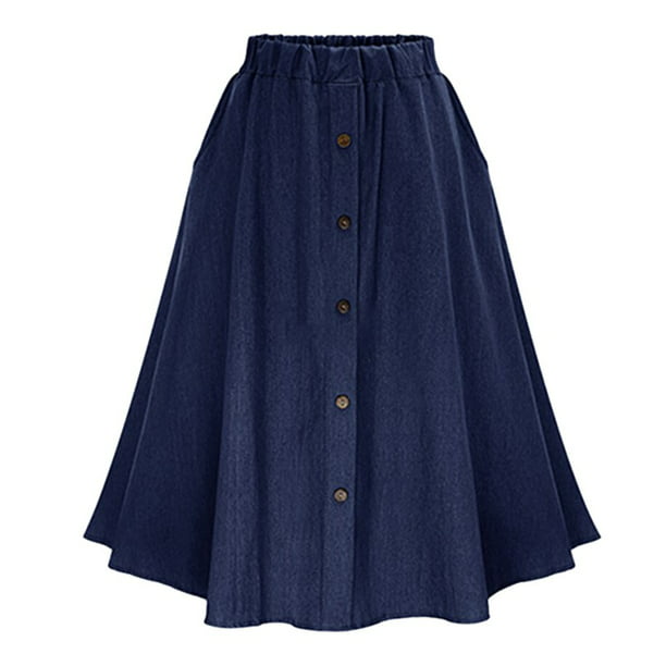 MaRainbow - Women Button Denim Jeans Swing Skirt Ladies Elastic High ...