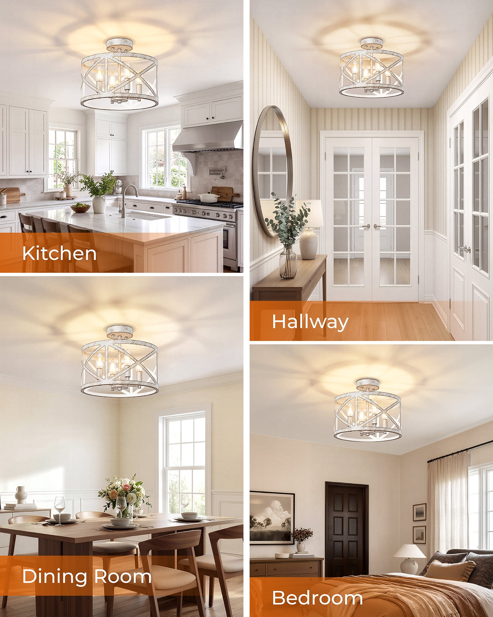 12" Semi Flush Mount Ceiling Light Fixture, 4-Light Farmhouse Modern Ceiling Light, Kitchen Lights, Hallway Light Fixtures, Ceiling Lamp for Entryway Dining Room Bedroom Laundry Lighting, White