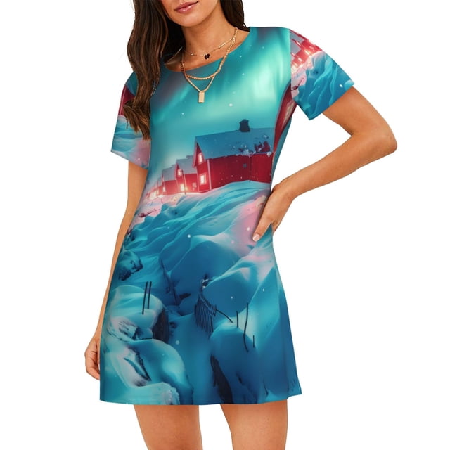 Saiise Motif Village Aurora Borealis Chemise de Nuit à Manches Courtes Col Rond Mignonne Robe de Nuit Confortable