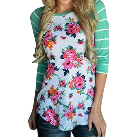 - Nlife Women Striped 3/4 Sleeve Floral Print Shirt Blouse Tops