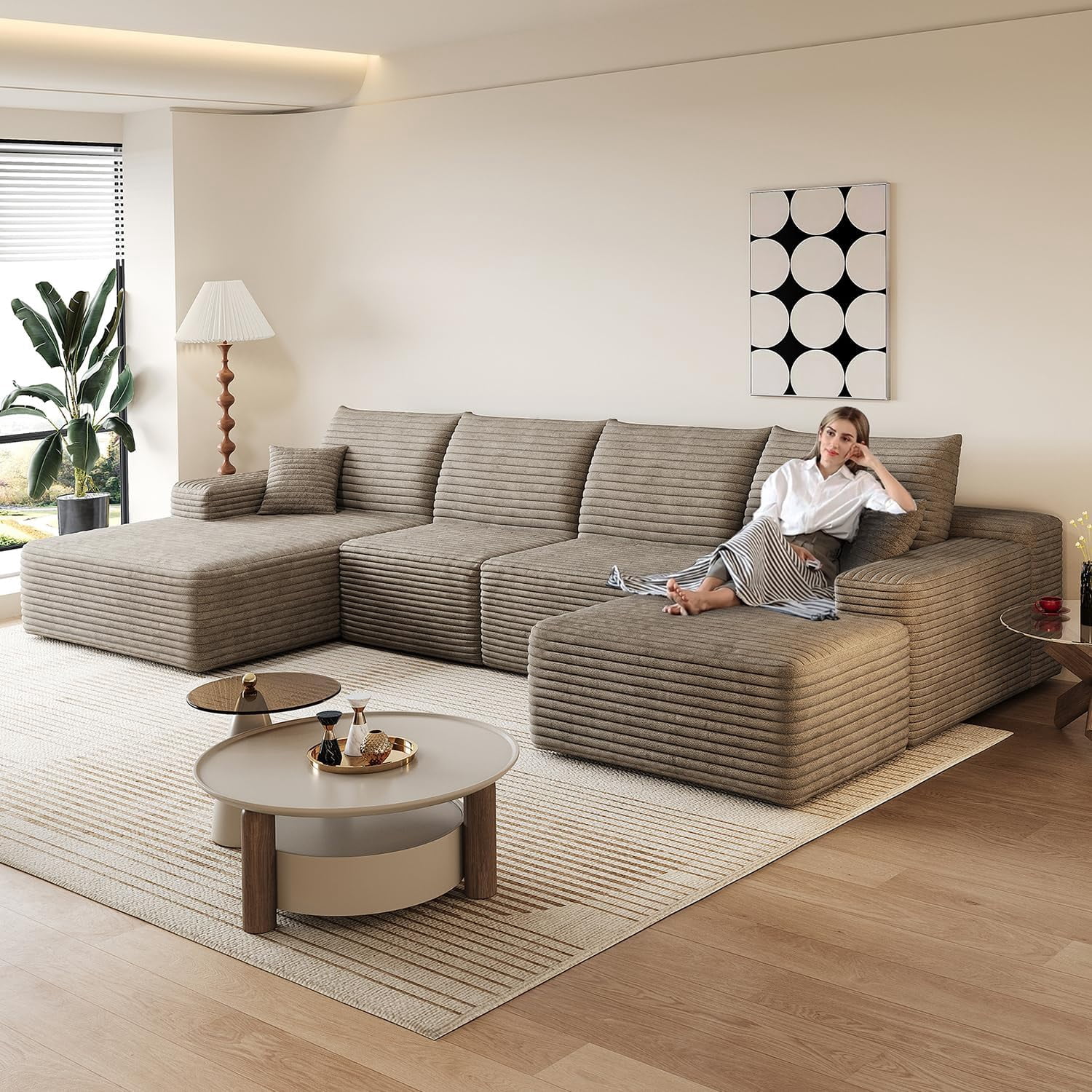 Sailvan 135" Cloud Sectional Couch, Cloudy Sofa with L-Shape Chaise & Ottoman, Upholstered Couches for Living Room & Bedroom, No Assembly Required, Plush Corduroy Fabric, Camel