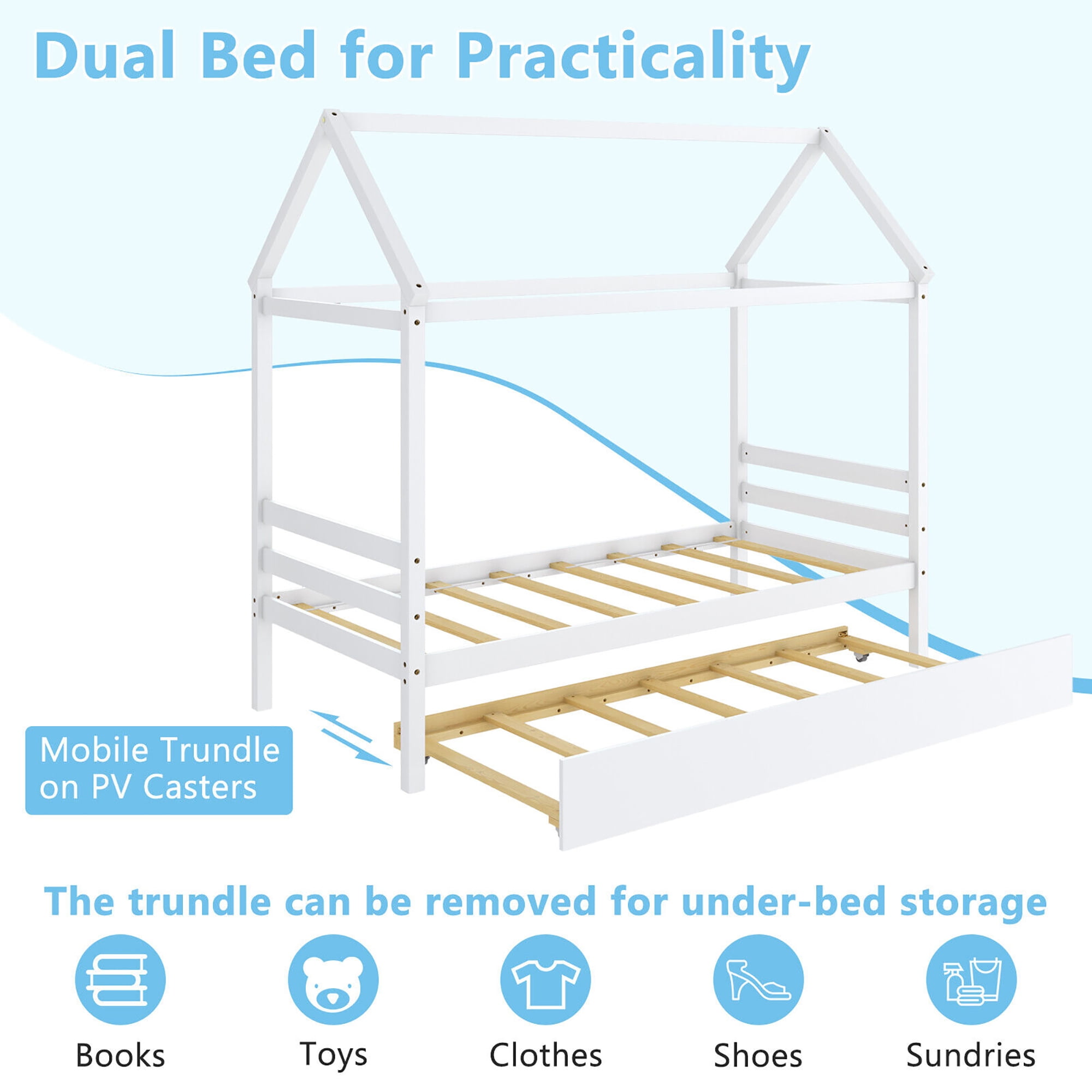 Gymax Twin House Bed Frame w/ Trundle Roof Wooden Platform Mattress Foundation White