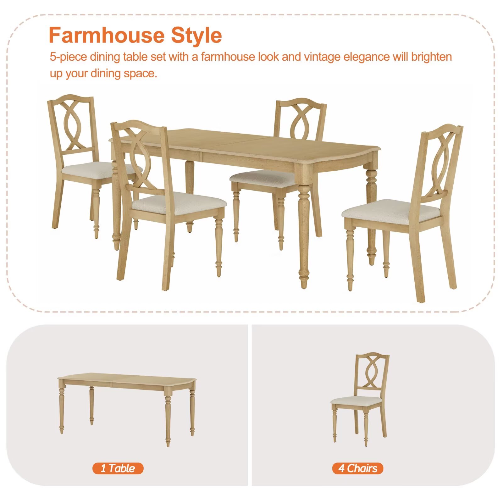 5 Piece Dining Table Set for 4-6 People - Includes One Dining Table, 4 Cross Back Dining Chairs, Rustic Dining Set for Kitchen, Oak