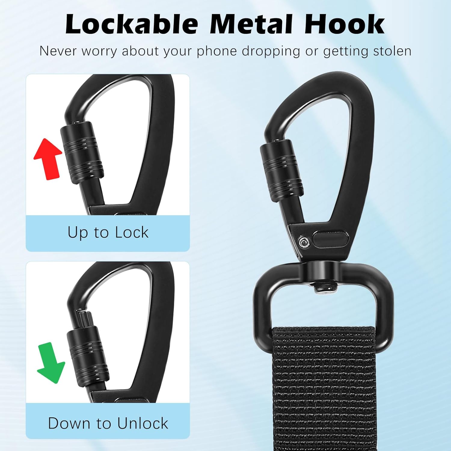 Anti-theft Phone Tether, Lanyard Retractable Steel Line Cellphone Strap with Locking Carabiner and Metal 360° Tether Tab for Outdoor Skiing Hiking Climbing Fishing, Black