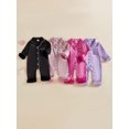 thumbnail image 3 of RUINIXCW Toddler Baby Girl Silk Stain Pajamas Newborn Infant Baby Girls Romper One Piece Spring Fall Sleepwear Lapel V Neck Fuzzy Trim Long Sleeve Button Up Jumpsuit Homewear, 3 of 9