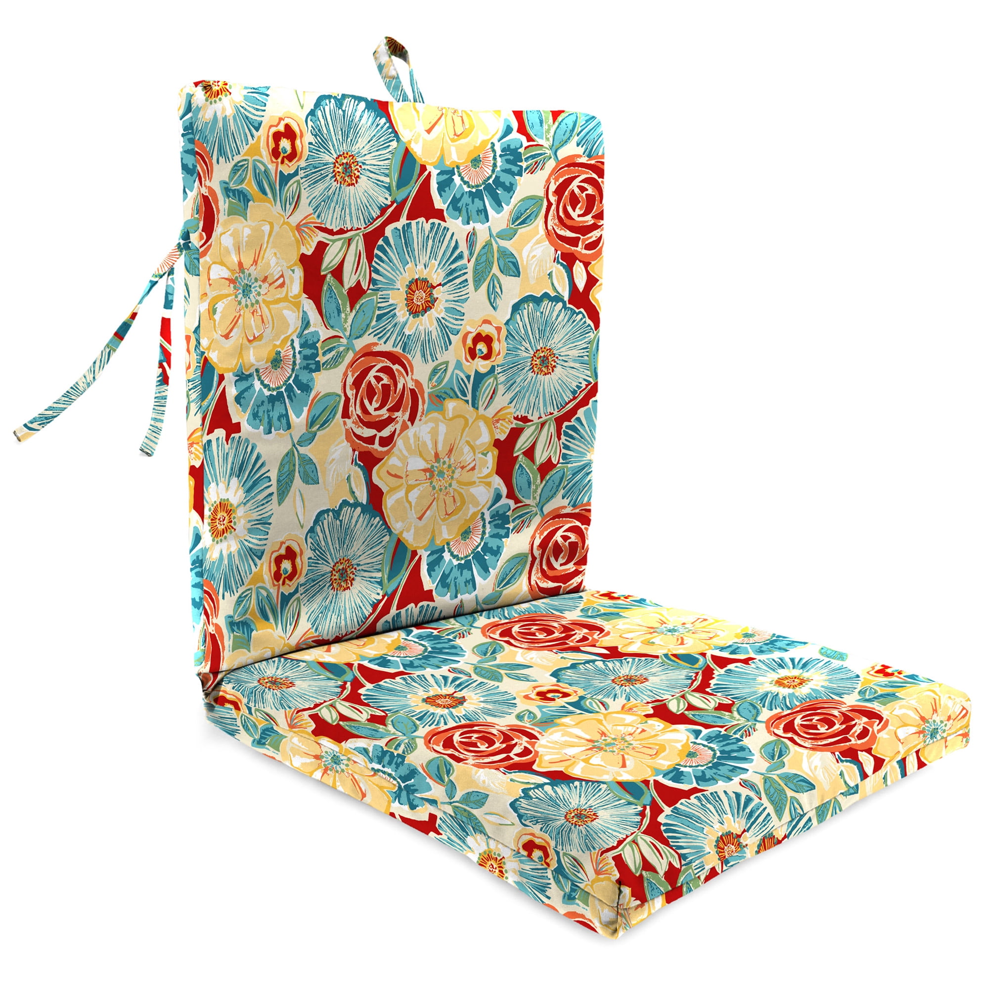 Jordan Manufacturing 38" x 21" Retro Flower Multicolor Floral Rectangular Outdoor Chair Cushion with Ties and Hanger Loop (2 Pack)