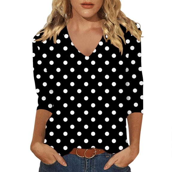 CONZONE Womens Summer T-Shirts 3/4 Sleeve T Shirts for Women Casual V Neck Dot Graphic Lightweight Tees Soft Cozy Dailywear
