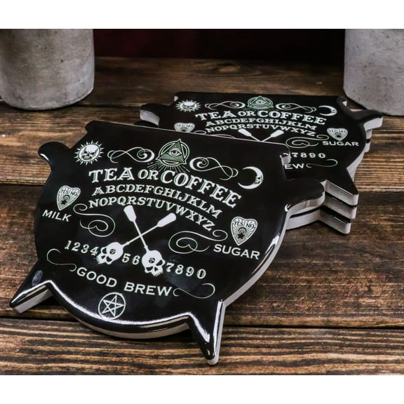 Set Of 4 Wicca Occult Ouija Spirit Board Cauldron Cork Backed Ceramic Coasters