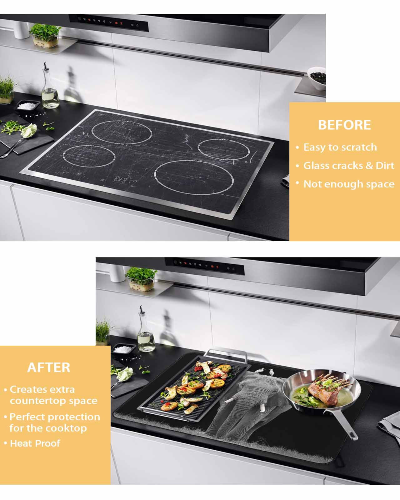 nqOlkjepod Large Induction Cooktop Protector Mat 24"x21", Elephant Bird Stove Top Covers for Electric Stove, Modern Pastoral Animal Black Grey Stove Burner Cover Mats, Glass Top Stove Cover