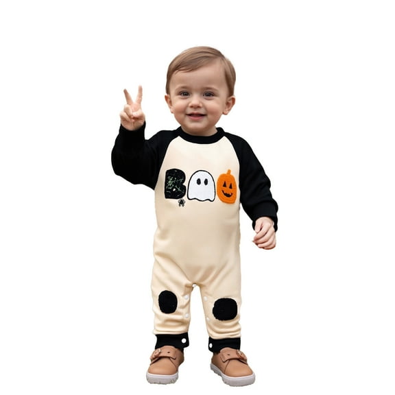 LIIPEE Boys Girls Onesie Halloween Cartoon Ghost Pumpkin Printed Long Sleeve Round Neck Jumpsuit Comfortable Indoor Outdoor Wear One-Pieces,Black,0-3 Months