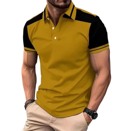 LODIENY Men s Button Front Golf Shirts Short Sleeve Collared Neck Raglan Color Block T-Shirt Lightweight Regular Fit Summer Casual Tops Yellow XXXL