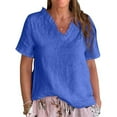 thumbnail image 4 of Dyfzdhu Plus Size Linen Blouses for Women Casual Short Sleeve Solid Color Cotton and Linen Ruffled V Neck Shirt，Women Tee Loose Fit Summer Tops Blue, 4 of 5