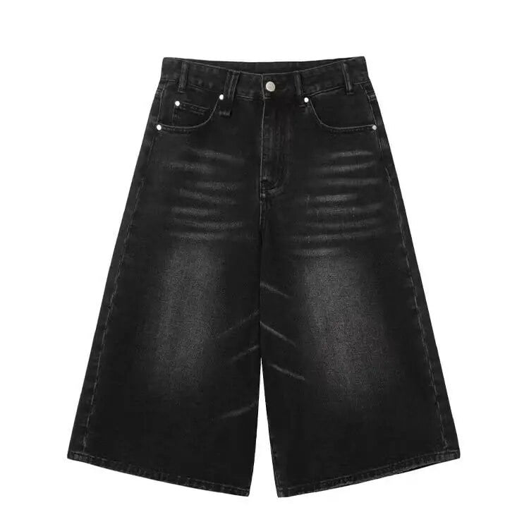 QWEEK Y2k Baggy Vintage Jorts Women High Waist American Streetwear Wide Leg Knee Length Jeans Casual Loose Summer Denim Shorts LS