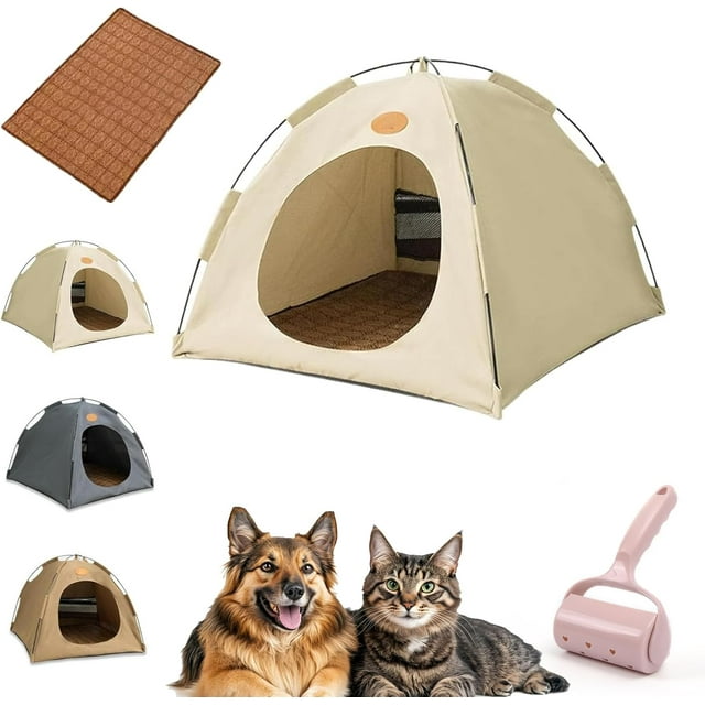 Breezyden Pet Tent, Breezyden Pop-Up Pet Tent, Portable Hideaway for Cats & Small Dogs, Waterproof, Breathable Mesh, Scratch-Resistant, Fully Washable with Mat (Beige,L (Fits Pets Under 33 Ibs))