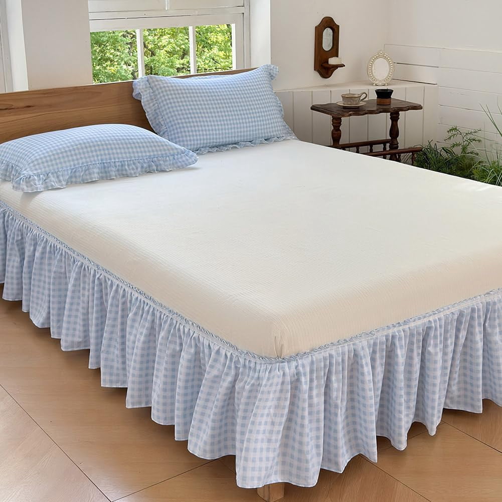 Blue Gingham Wrap Around Ruffled Bed Skirt with Lace Decor, Plaid Grid Adjustable Elastic Dust Ruffles for Queen Bed, 15 Inch Drop Farmhouse Cottage Pleated Bed Frame Cover(Blue Gingham, Queen)