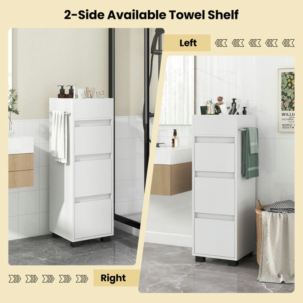 Finihen Bathroom Storage Cabinet, Bathroom Floor Cabinet, Bathroom Floor Cabinet with 3 Drawers, 4 Top Dividers and 1 Towel Rack, for Bathroom, Living Room, Bedroom, Kitchen, White Finihen Bathroom Storage Cabinet, Bathroom Floor Cabinet, Bathroom Floor Cabinet with 3 Drawers, 4 Top Dividers and 1 Towel Rack, for Bathroom, Living Room, Bedroom, Kitchen, White