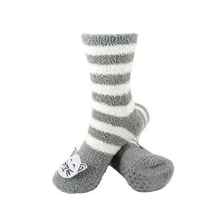 

BambooMN Super Soft Cute Fuzzy Cozy Animal Non-Slip Crew Socks 16 Grey Cat 3 Pairs Value Pack