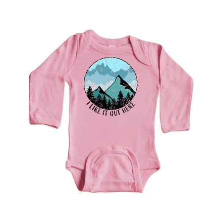

Inktastic I Like it Out Here Mountains in Blue Distressed Gift Baby Boy or Baby Girl Long Sleeve Bodysuit