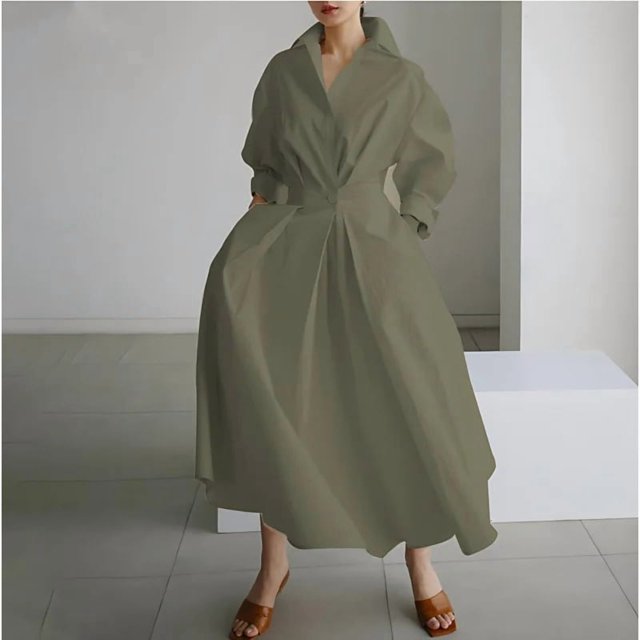 Women's Polo Collar Long Sleeve Maxi Dress - Ankle-Length, Elastic, Button Detail, Polyester