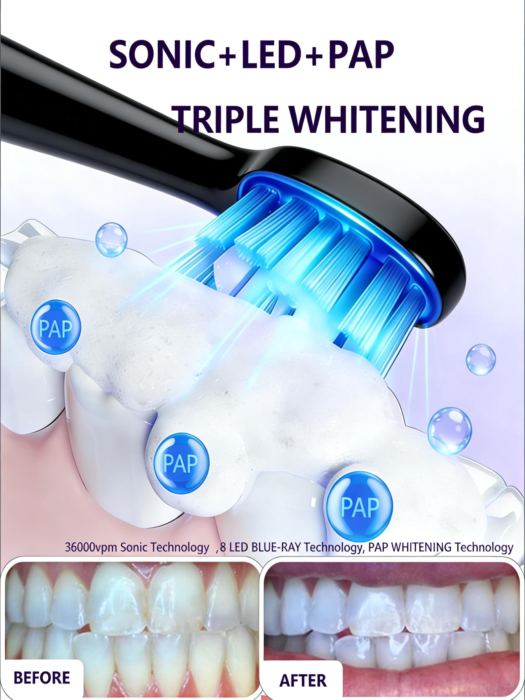 Triple Whitening Sonic Toothbrush and PAP+ Toothpaste Kit | 8 Blue LED | 5 Modes | IPX7 Waterproof | 50-Day Battery | Wireless Charging | Black
