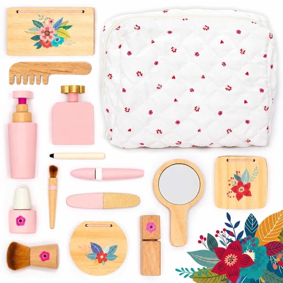 RNKR Wooden Pretend Makeup Kit for Toddlers for Girls with Lipstick, Mirror, Perfume, Powder & Cosmetic Bag – Play Makeup for Kids Ages 3