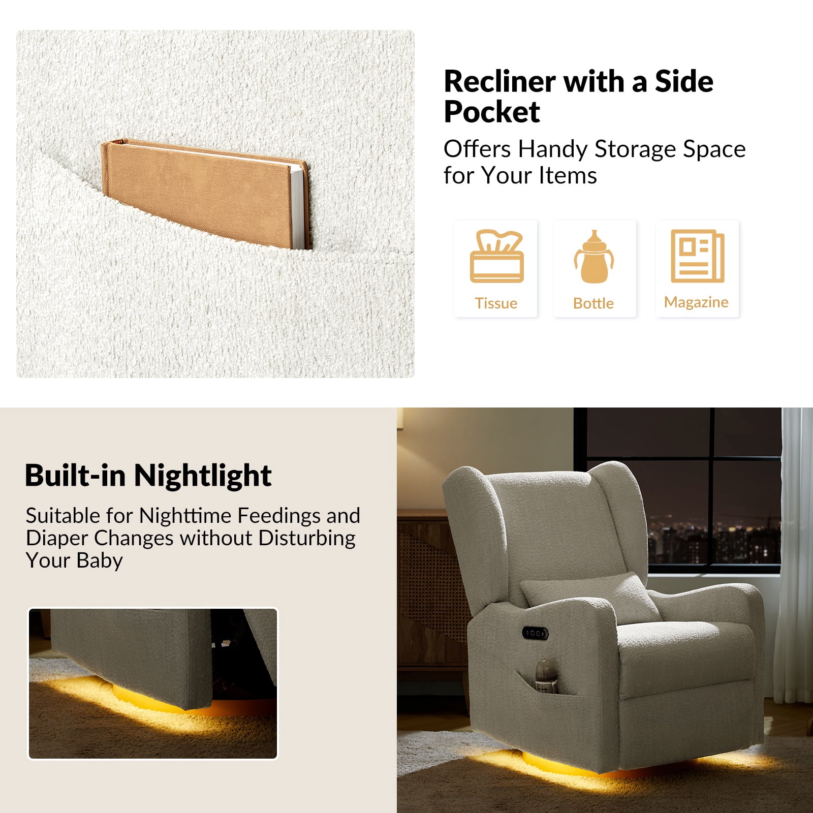 Tina's Home Electric Power Glider Swivel Nursery Recliner Chair Wingback with USB, Waterproof Stain-resistant for Baby Feeding & Living Room Ivory