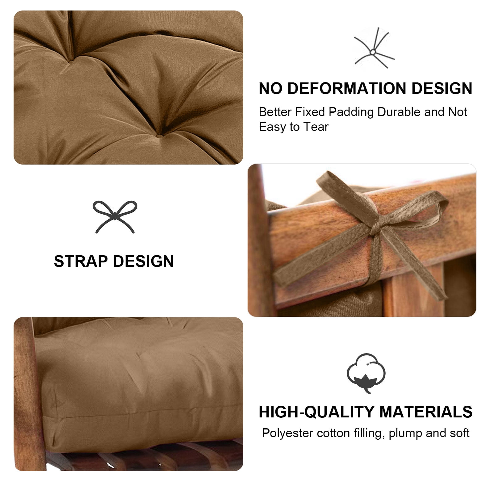 TOPCHANCES Indoor/Outdoor Rocking Chair Cushions Set, 2 Piece Tufted Comfortable Cushions for Rocking Chairs with Non-Slip Ties, Khaki