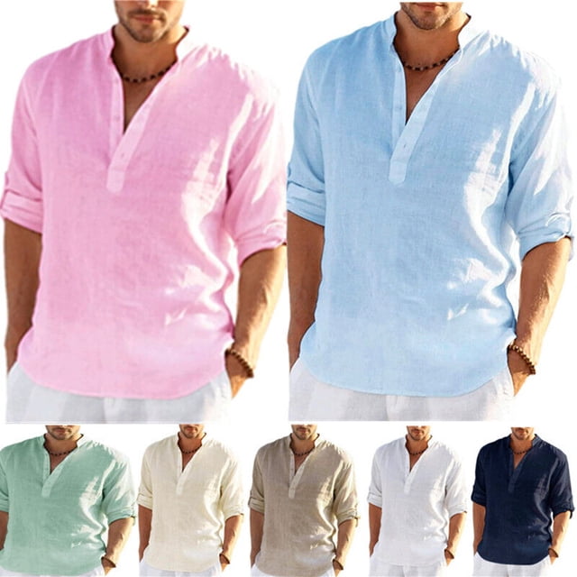 Camisa Henley de lino de algodón para hombre, manga larga básica, cuello de banda, blusa lisa JadeP Camiseta de lino Henley de manga larga para hombre