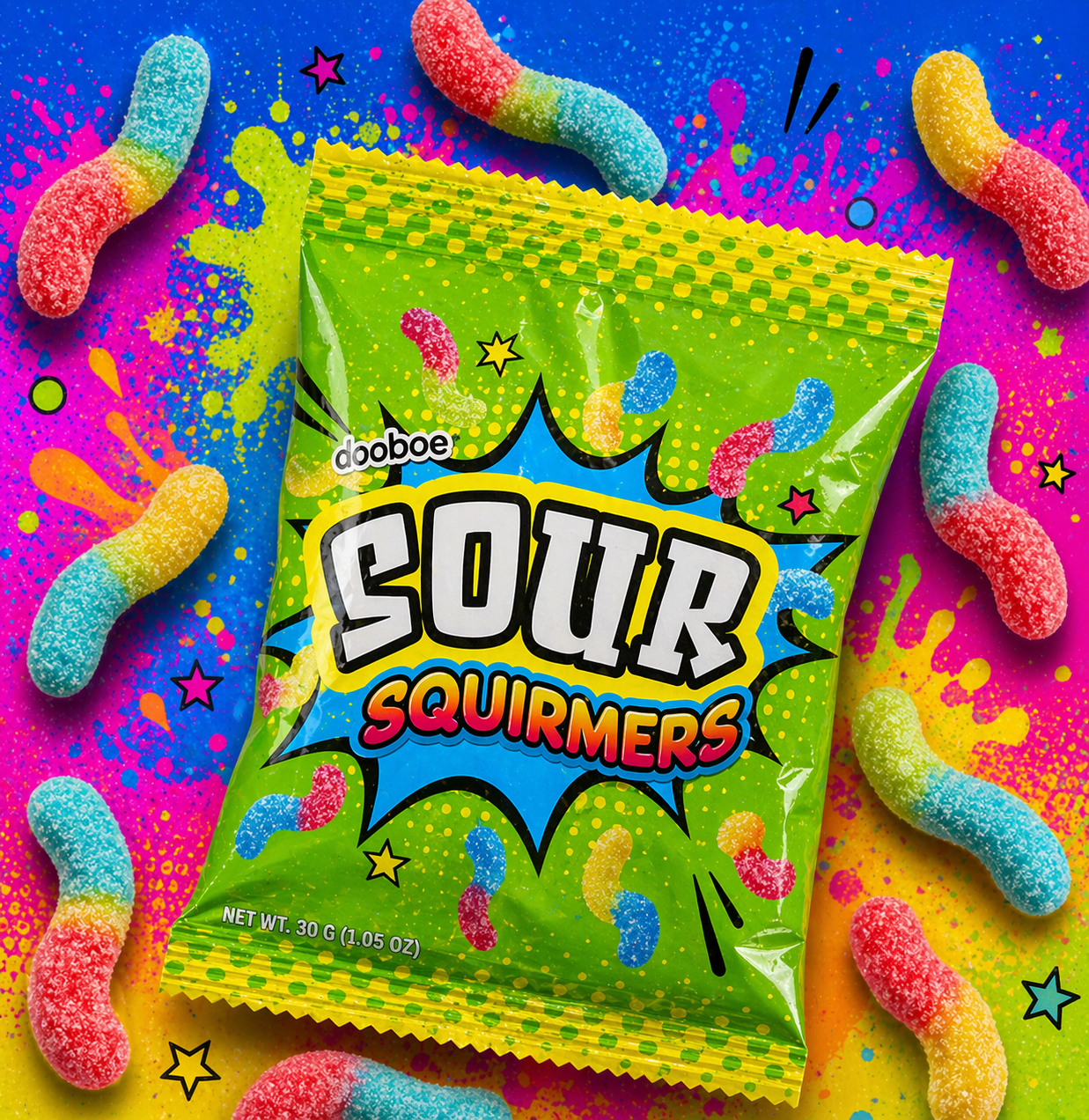 Dooboe Sour Gummy Worms Bulk Pack, 40 Individually Wrapped Snack Packs (30g Each), Full Size Sour Candy Variety for Kids & Adults, Party Favors, School Snacks, Piñata Candy