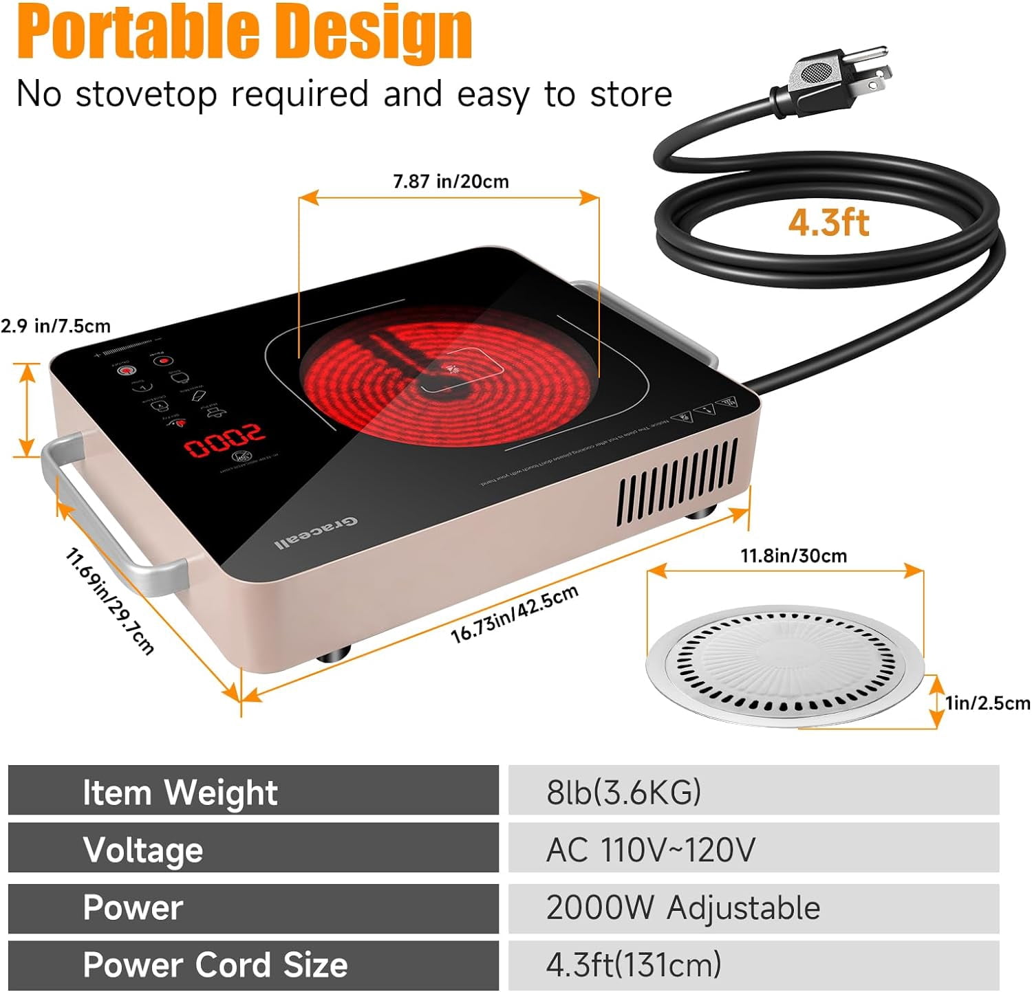 2000W Electric Hot Plate Single Burner, Portable Stove Top Burner 110V Kitchen Stove Countertop Burner for Cooking Outdoor Indoor (Korean BBQ Plate Included)