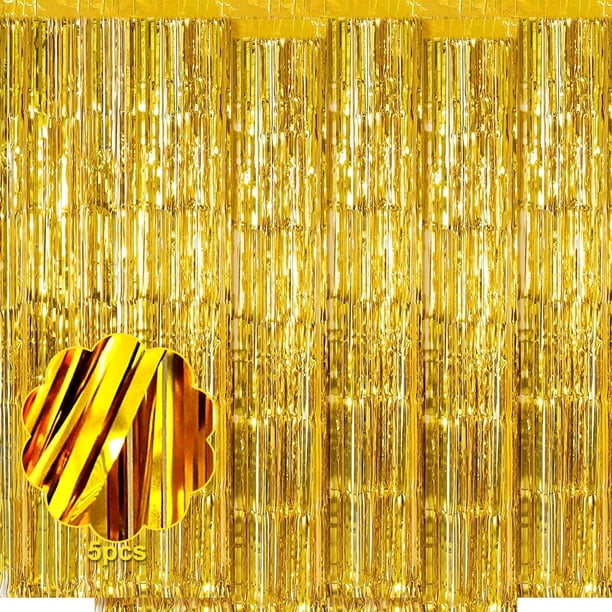 Paquete de 5 cortinas de oropel dorado, 3,3 pies x 6,6 pies, cortinas con flecos de aluminio, cortinas con purpurina metálica, decoraciones de fondo para fotomatón para bodas, compromisos,