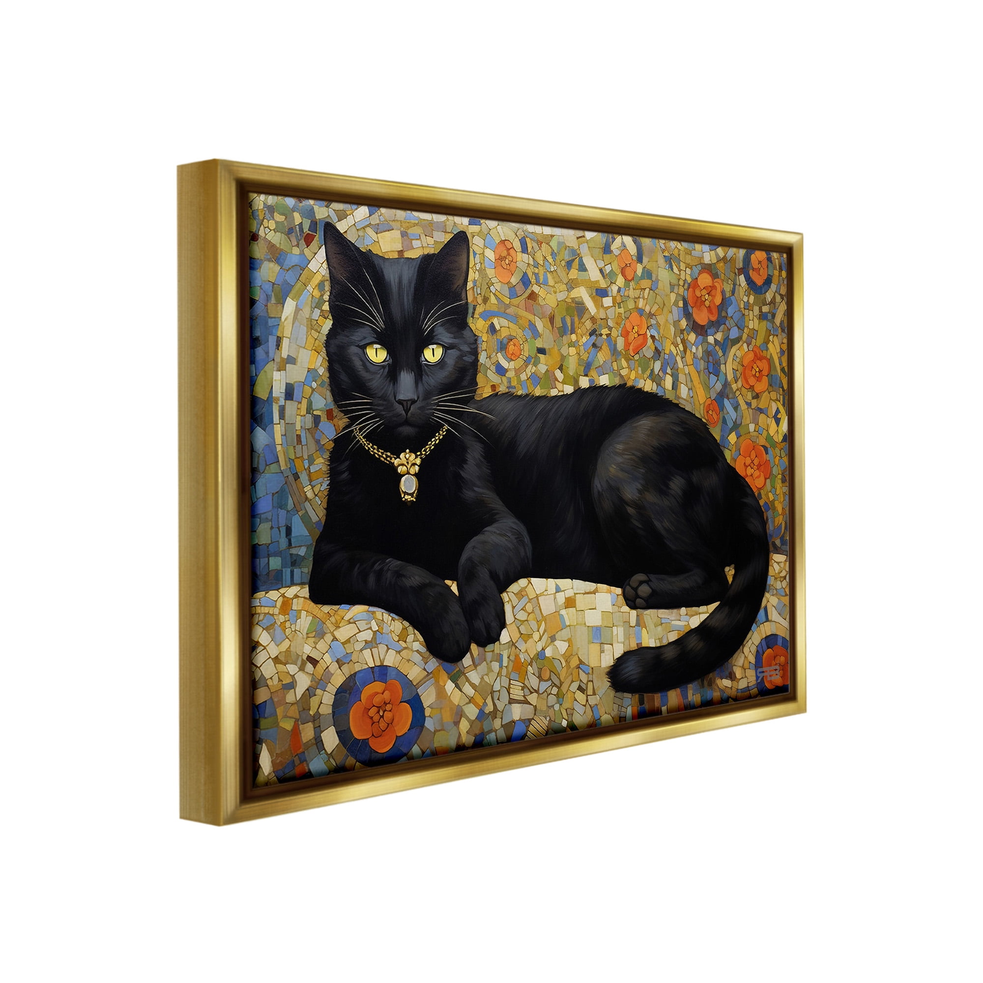 Stupell Industries Mosaic Patterned Cat Animals & Insects Painting Gold Floater Framed Canvas Art Print Wall Art, 31 x 25