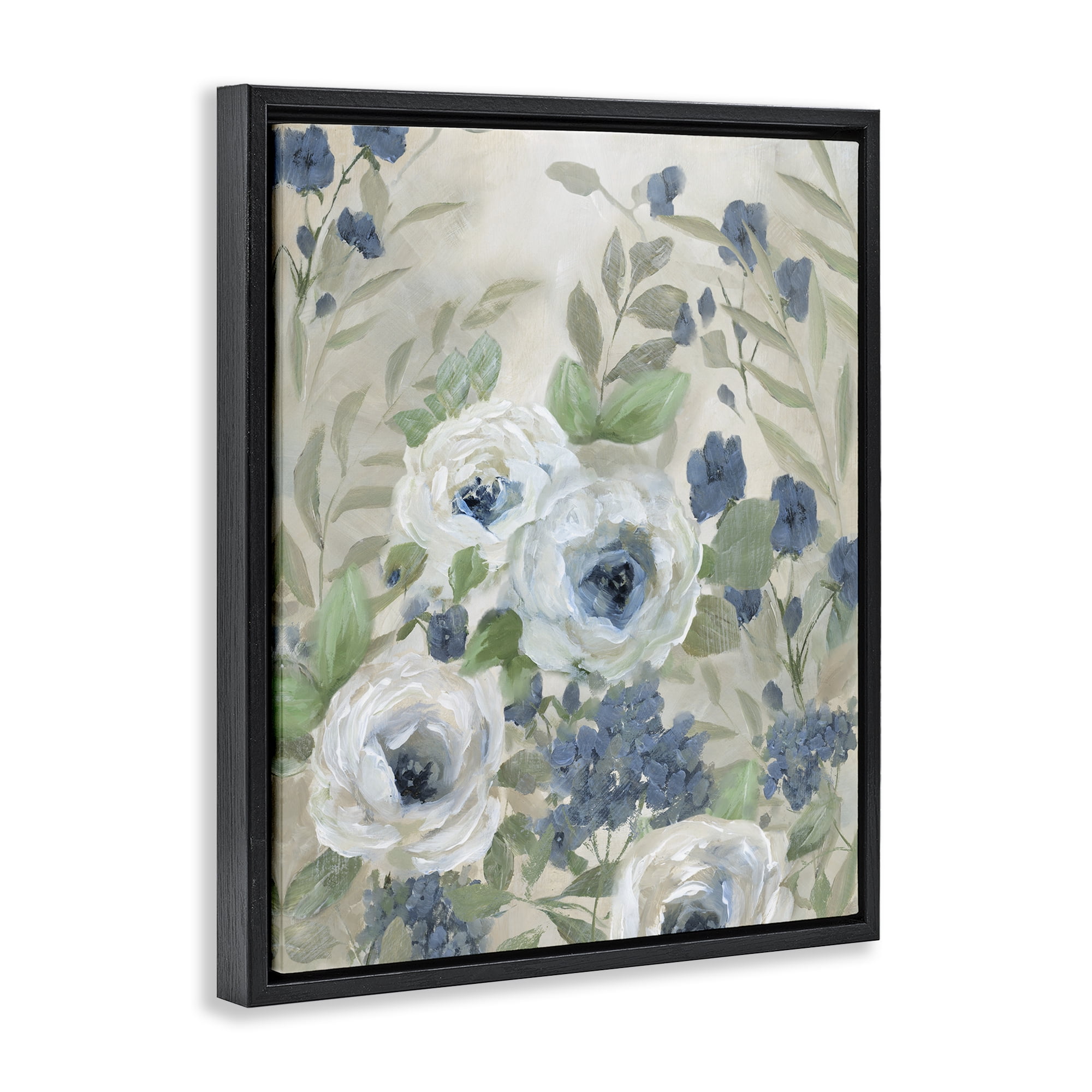 Stupell Industries Muted Blue & White Blossoms Floral Painting Black Floater Framed Canvas Art Print Wall Art, 17 x 21
