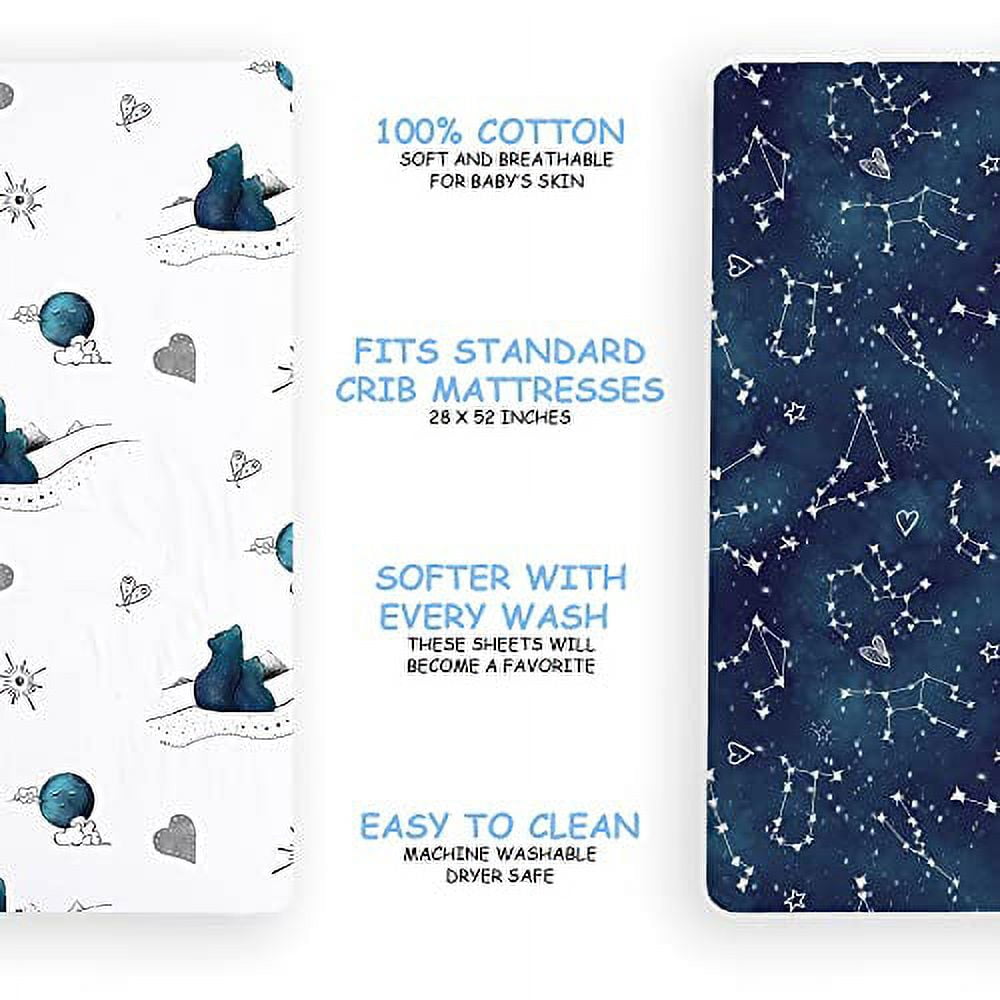 JumpOff Jo - 2 Pack Fitted Crib Sheets, 100% Cotton, Standard Crib 28 in. x 52 in. - Galaxy and Mama Bear