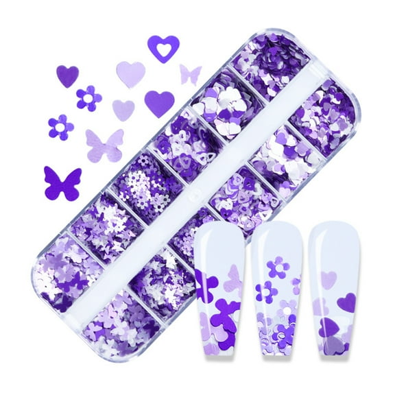 Jiaroswwei 12 Grids Manicure Glitter Safe Portable PET Purple Plum Blossom Fingernail Decoration for Girls